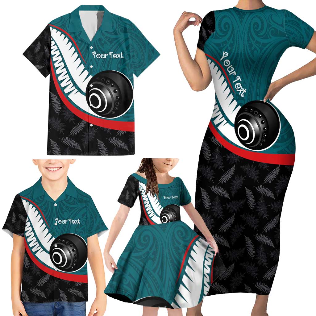 Personalised Aotearoa Lawn Bowls Family Matching Short Sleeve Bodycon Dress and Hawaiian Shirt Maori and Silver Fern Sporty Style Teal Color LT03 - Polynesian Pride