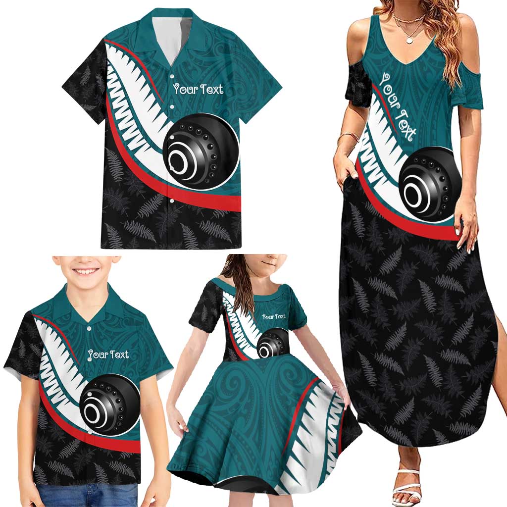 Personalised Aotearoa Lawn Bowls Family Matching Summer Maxi Dress and Hawaiian Shirt Maori and Silver Fern Sporty Style Teal Color LT03 - Polynesian Pride