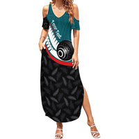 Personalised Aotearoa Lawn Bowls Family Matching Summer Maxi Dress and Hawaiian Shirt Maori and Silver Fern Sporty Style Teal Color LT03 Mom's Dress Teal - Polynesian Pride