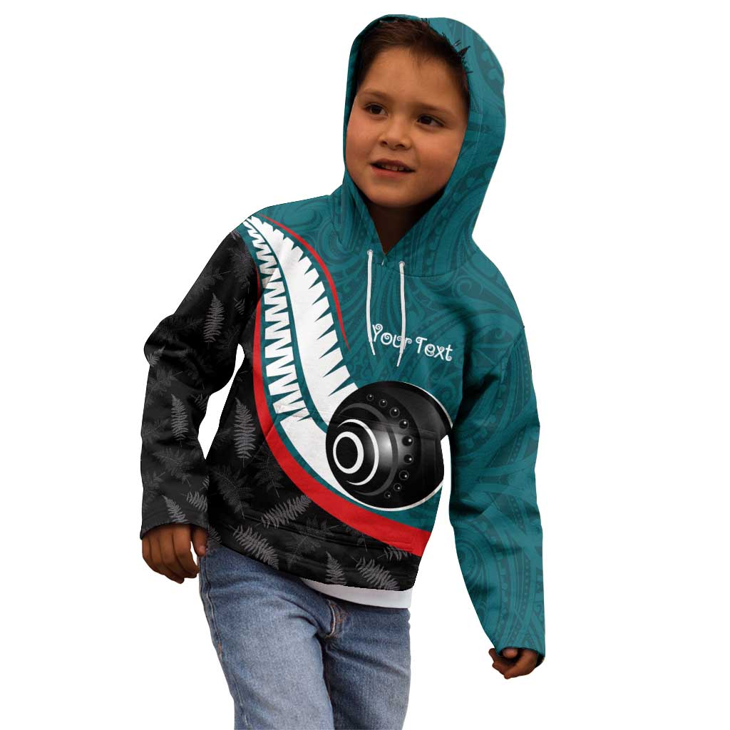 Personalised Aotearoa Lawn Bowls Kid Hoodie Maori and Silver Fern Sporty Style Teal Color LT03 - Polynesian Pride