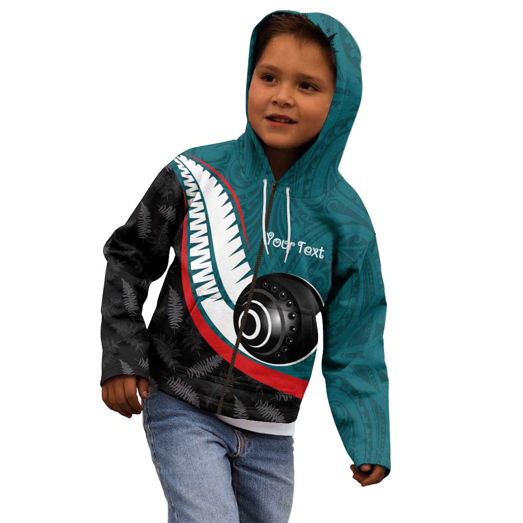 Personalised Aotearoa Lawn Bowls Kid Hoodie Maori and Silver Fern Sporty Style Teal Color LT03 - Polynesian Pride