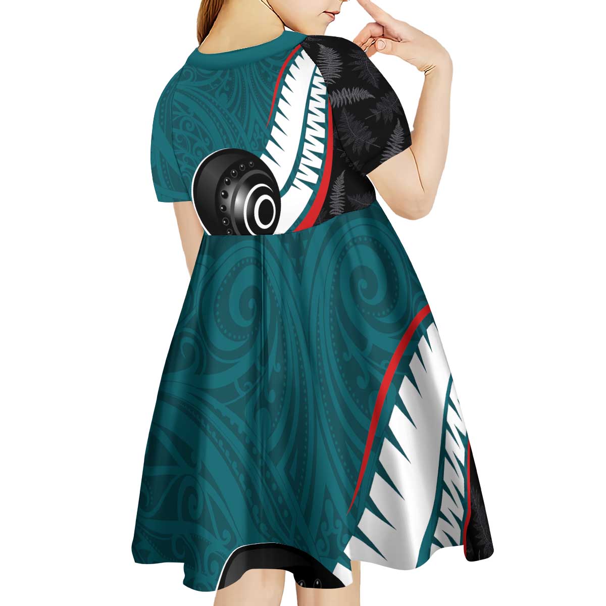 Personalised Aotearoa Lawn Bowls Kid Short Sleeve Dress Maori and Silver Fern Sporty Style Teal Color LT03 - Polynesian Pride