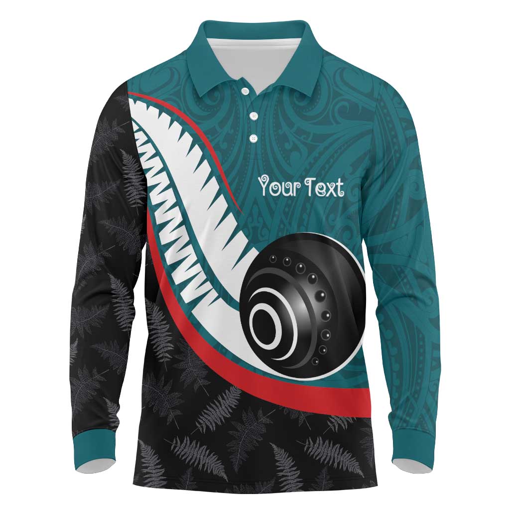 Personalised Aotearoa Lawn Bowls Long Sleeve Polo Shirt Maori and Silver Fern Sporty Style Teal Color LT03 Teal - Polynesian Pride