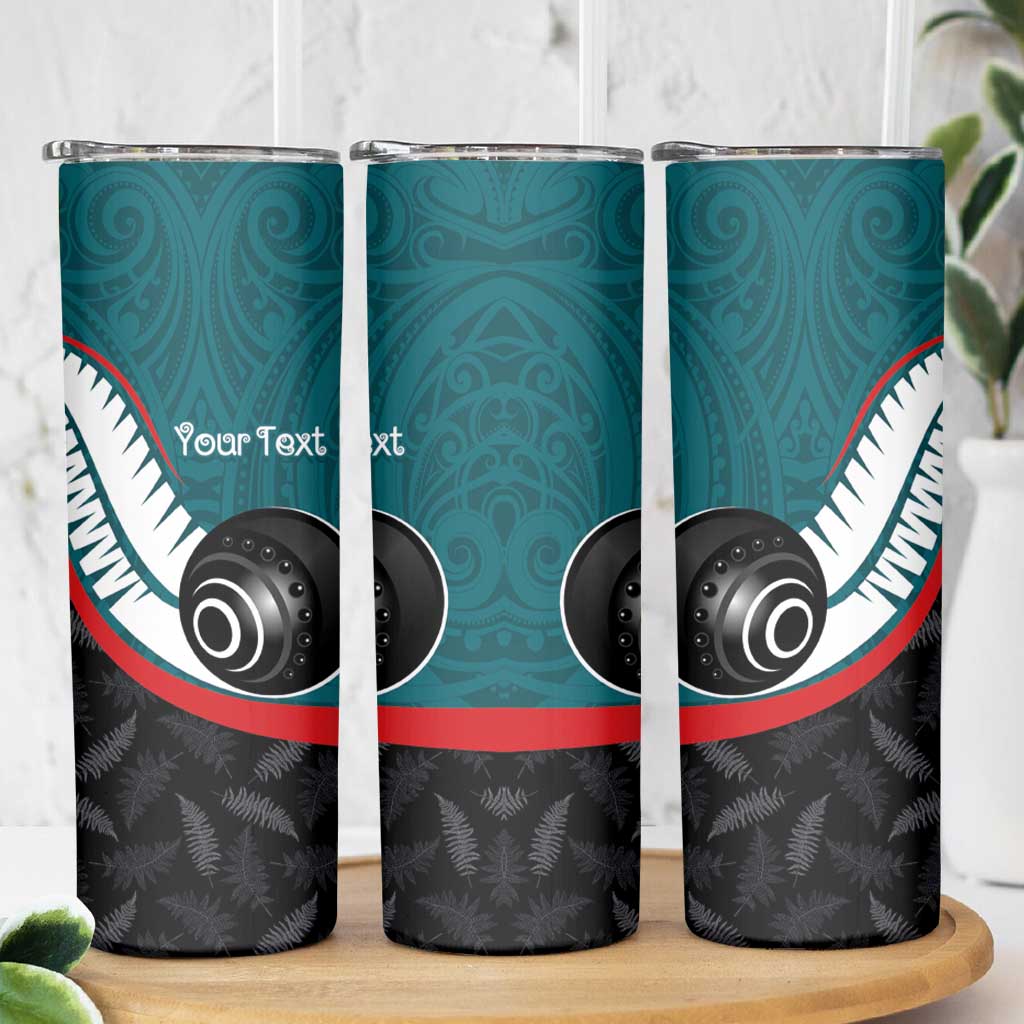 Personalised Aotearoa Lawn Bowls Skinny Tumbler Maori and Silver Fern Sporty Style Teal Color LT03 - Polynesian Pride