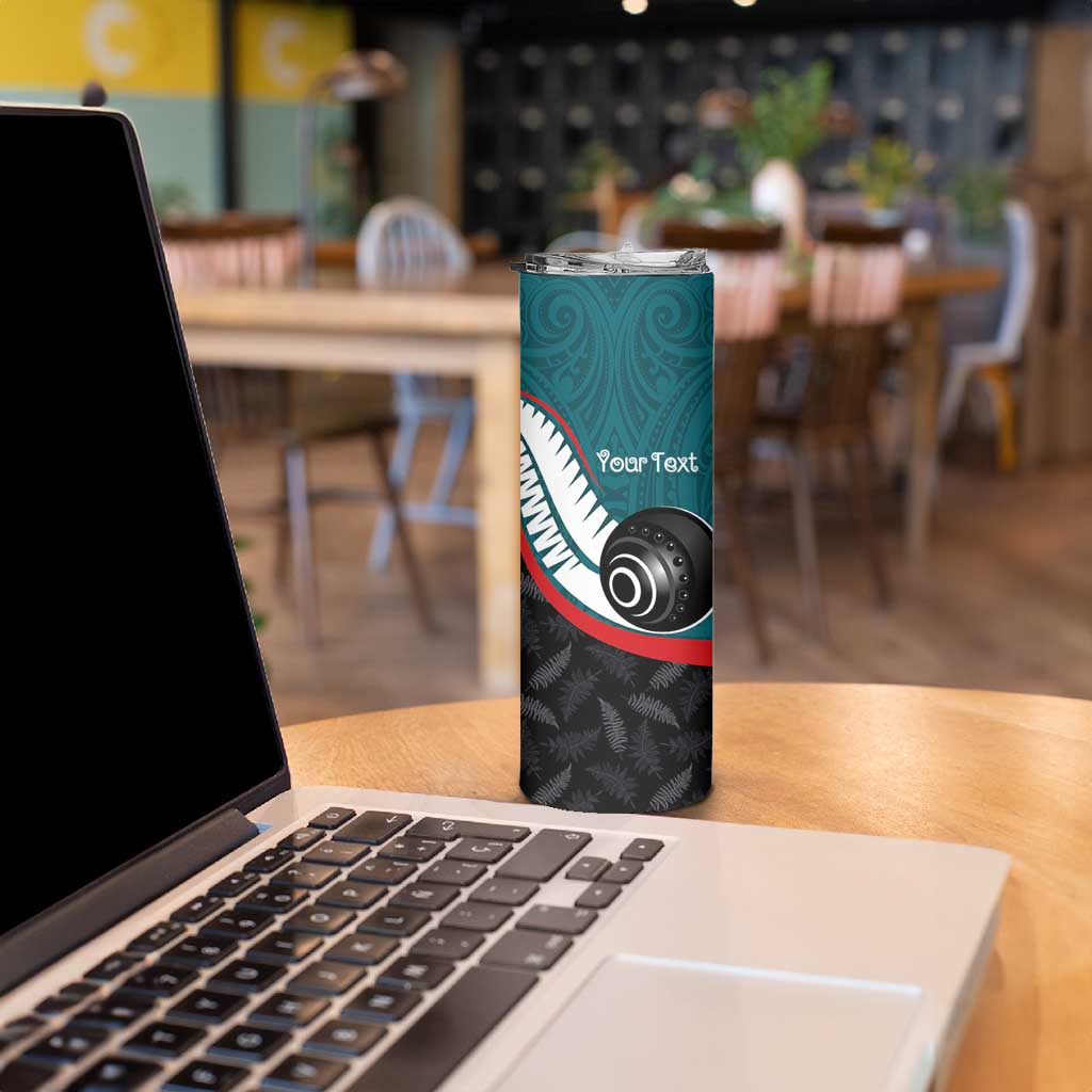 Personalised Aotearoa Lawn Bowls Skinny Tumbler Maori and Silver Fern Sporty Style Teal Color LT03 - Polynesian Pride