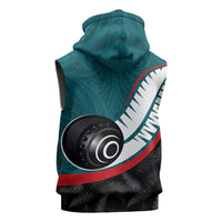 Personalised Aotearoa Lawn Bowls Sleeveless Hoodie Maori and Silver Fern Sporty Style Teal Color LT03 - Polynesian Pride