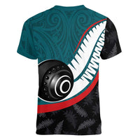 Personalised Aotearoa Lawn Bowls Women V-Neck T-Shirt Maori and Silver Fern Sporty Style Teal Color LT03 - Polynesian Pride