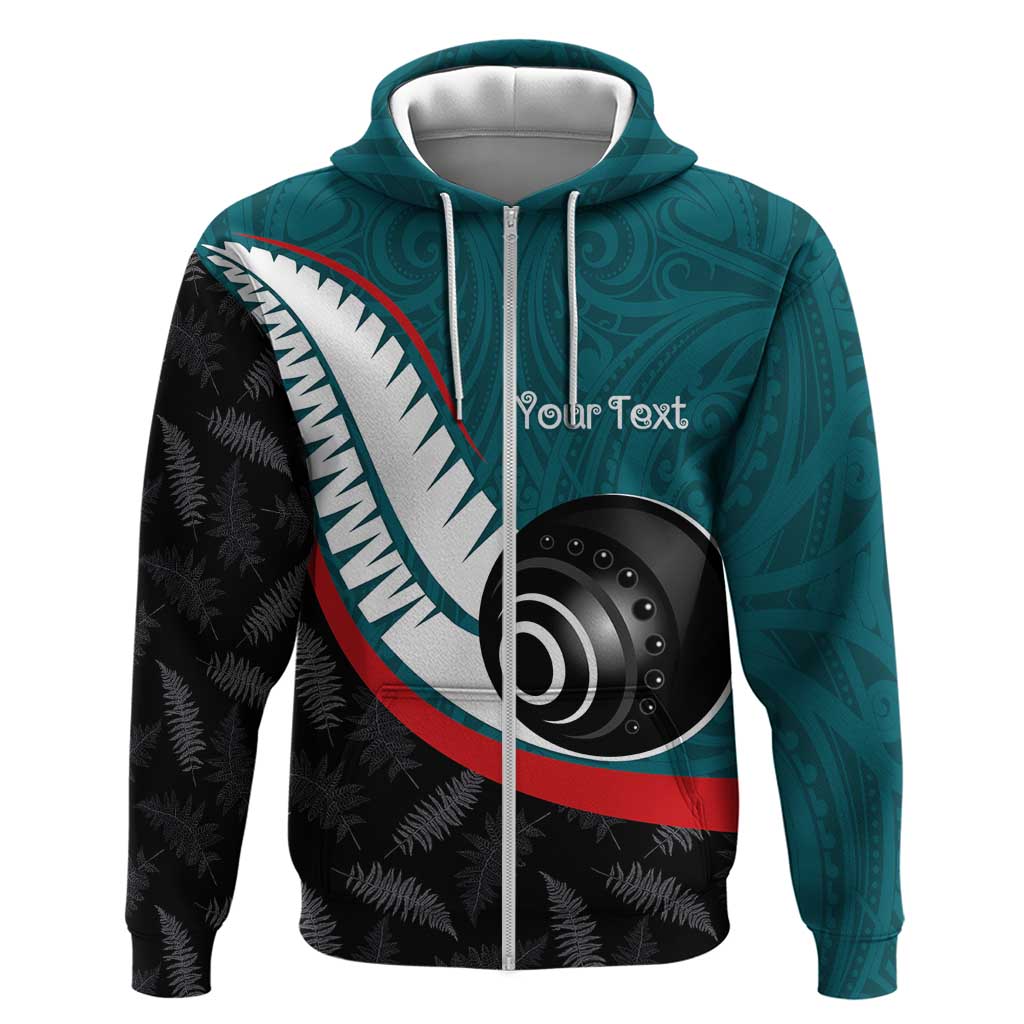Personalised Aotearoa Lawn Bowls Zip Hoodie Maori and Silver Fern Sporty Style Teal Color LT03 Zip Hoodie Teal - Polynesian Pride