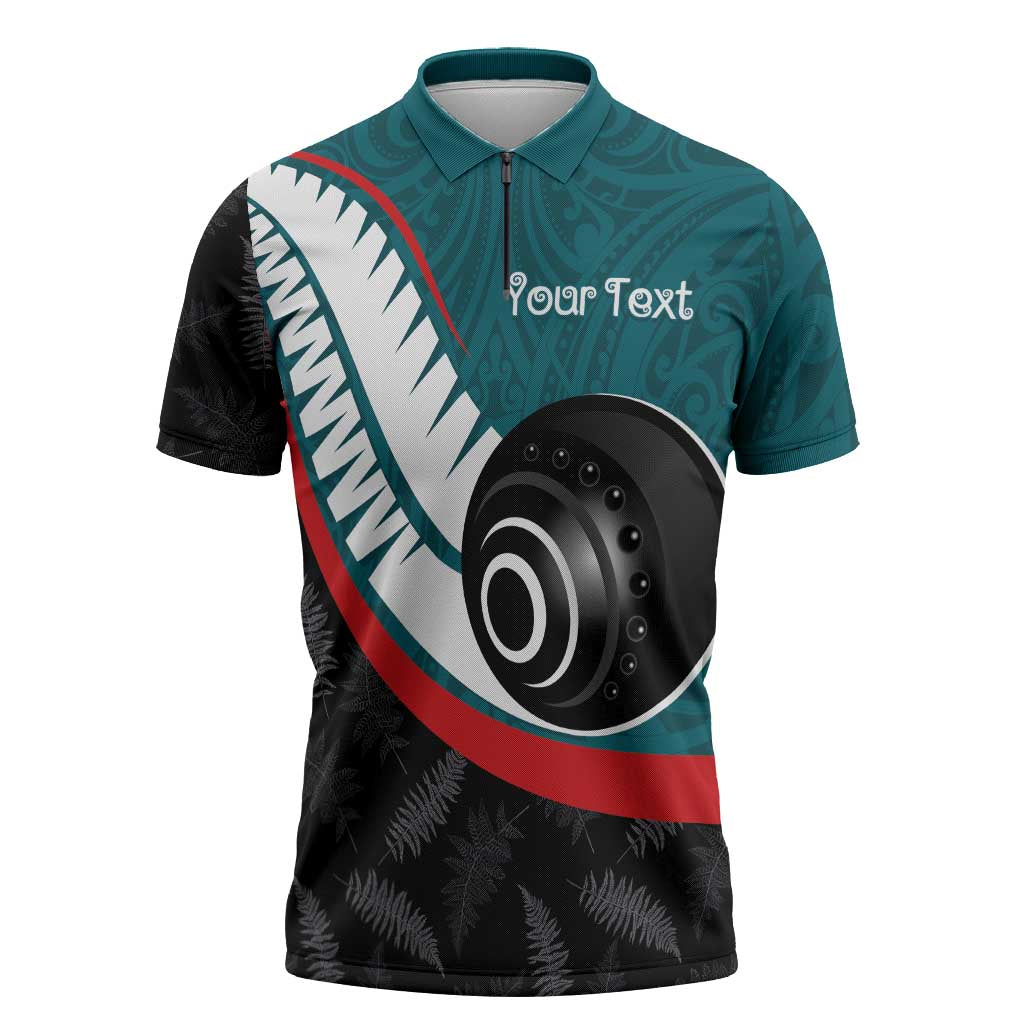 Personalised Aotearoa Lawn Bowls Zipper Polo Shirt Maori and Silver Fern Sporty Style Teal Color - Polynesian Pride