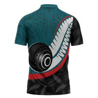 Personalised Aotearoa Lawn Bowls Zipper Polo Shirt Maori and Silver Fern Sporty Style Teal Color LT03 - Polynesian Pride