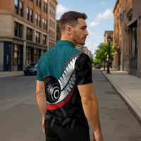 Personalised Aotearoa Lawn Bowls Zipper Polo Shirt Maori and Silver Fern Sporty Style Teal Color LT03 - Polynesian Pride