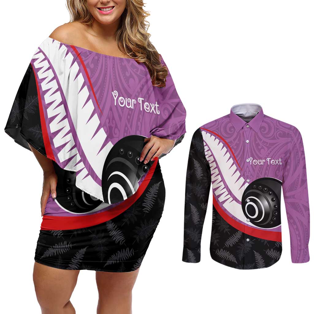 Personalised Aotearoa Lawn Bowls Couples Matching Off Shoulder Short Dress and Long Sleeve Button Shirt Maori and Silver Fern Sporty Style Pink Color LT03 Pink - Polynesian Pride