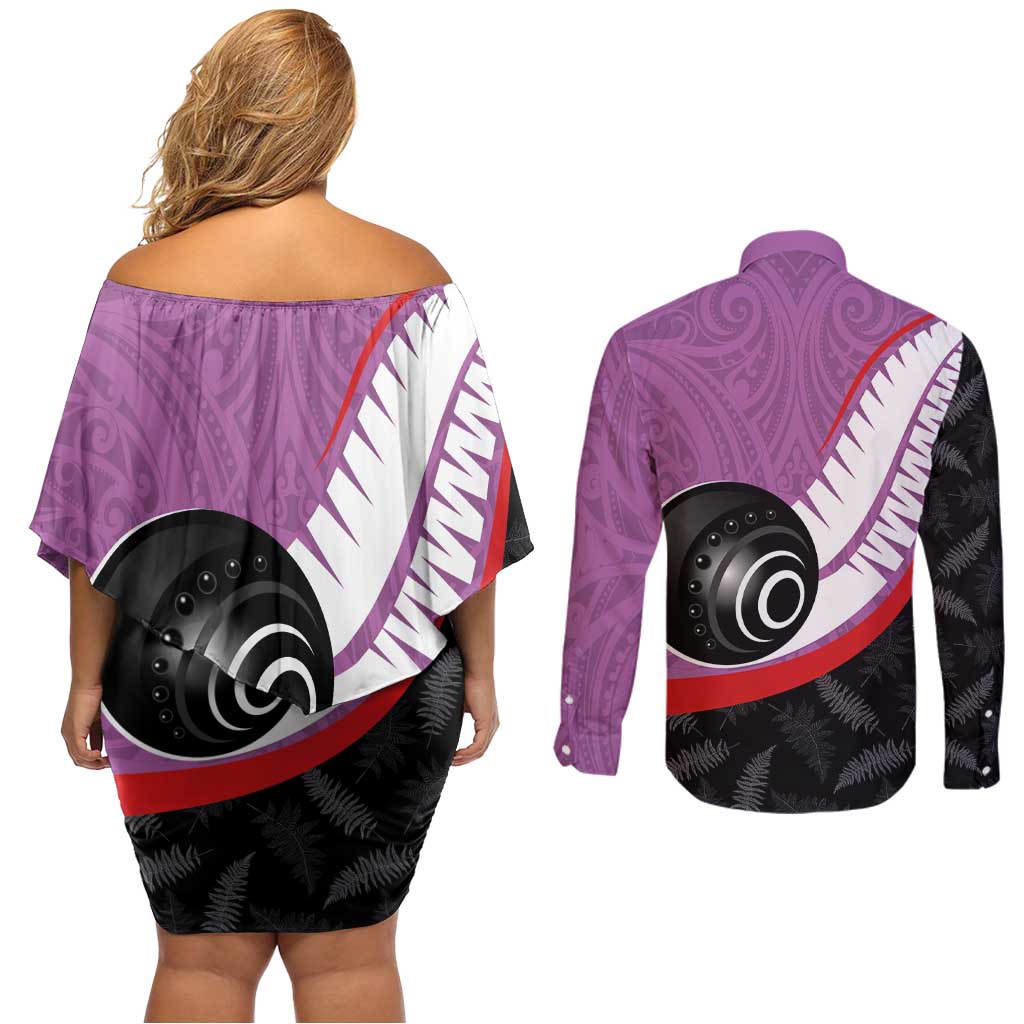 Personalised Aotearoa Lawn Bowls Couples Matching Off Shoulder Short Dress and Long Sleeve Button Shirt Maori and Silver Fern Sporty Style Pink Color LT03 - Polynesian Pride