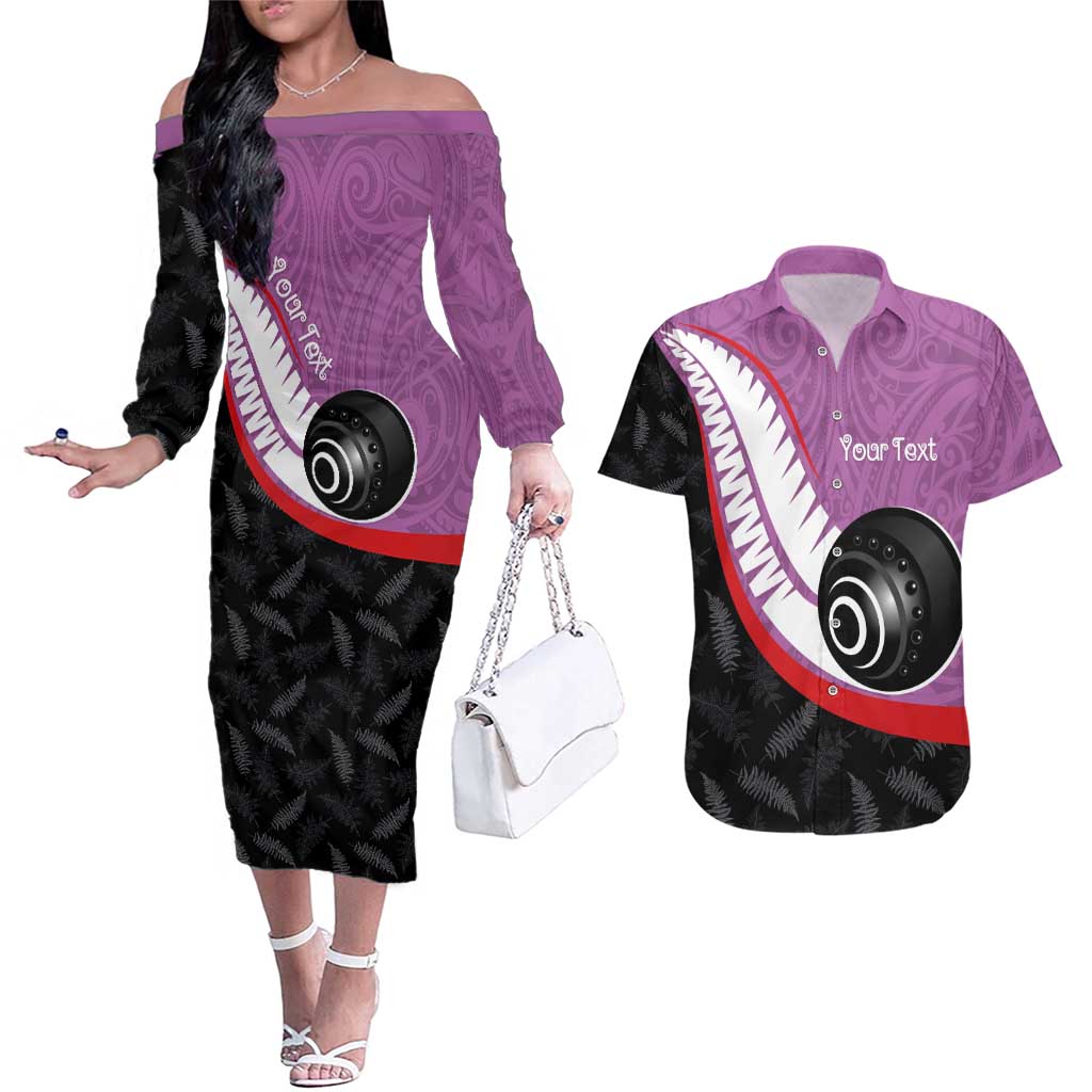 Personalised Aotearoa Lawn Bowls Couples Matching Off The Shoulder Long Sleeve Dress and Hawaiian Shirt Maori and Silver Fern Sporty Style Pink Color LT03 Pink - Polynesian Pride