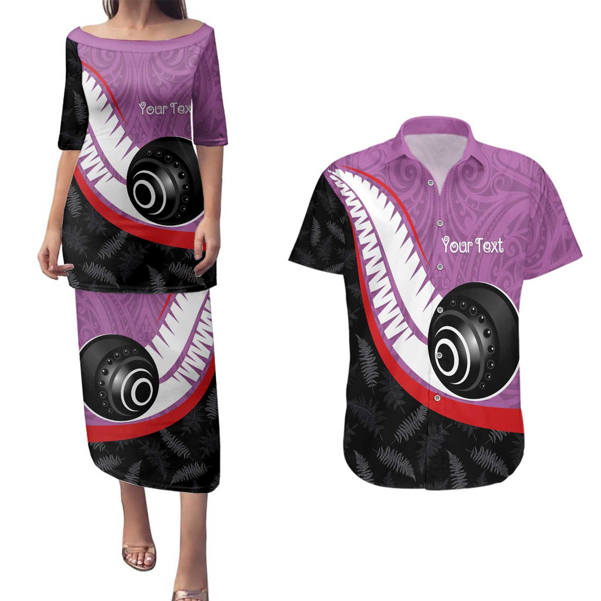 Personalised Aotearoa Lawn Bowls Couples Matching Puletasi and Hawaiian Shirt Maori and Silver Fern Sporty Style Pink Color LT03 Pink - Polynesian Pride