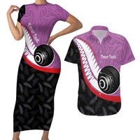 Personalised Aotearoa Lawn Bowls Couples Matching Short Sleeve Bodycon Dress and Hawaiian Shirt Maori and Silver Fern Sporty Style Pink Color LT03 Pink - Polynesian Pride
