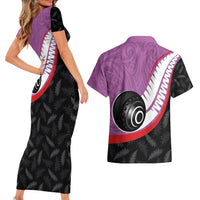 Personalised Aotearoa Lawn Bowls Couples Matching Short Sleeve Bodycon Dress and Hawaiian Shirt Maori and Silver Fern Sporty Style Pink Color LT03 - Polynesian Pride