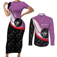 Personalised Aotearoa Lawn Bowls Couples Matching Short Sleeve Bodycon Dress and Long Sleeve Button Shirt Maori and Silver Fern Sporty Style Pink Color LT03 Pink - Polynesian Pride