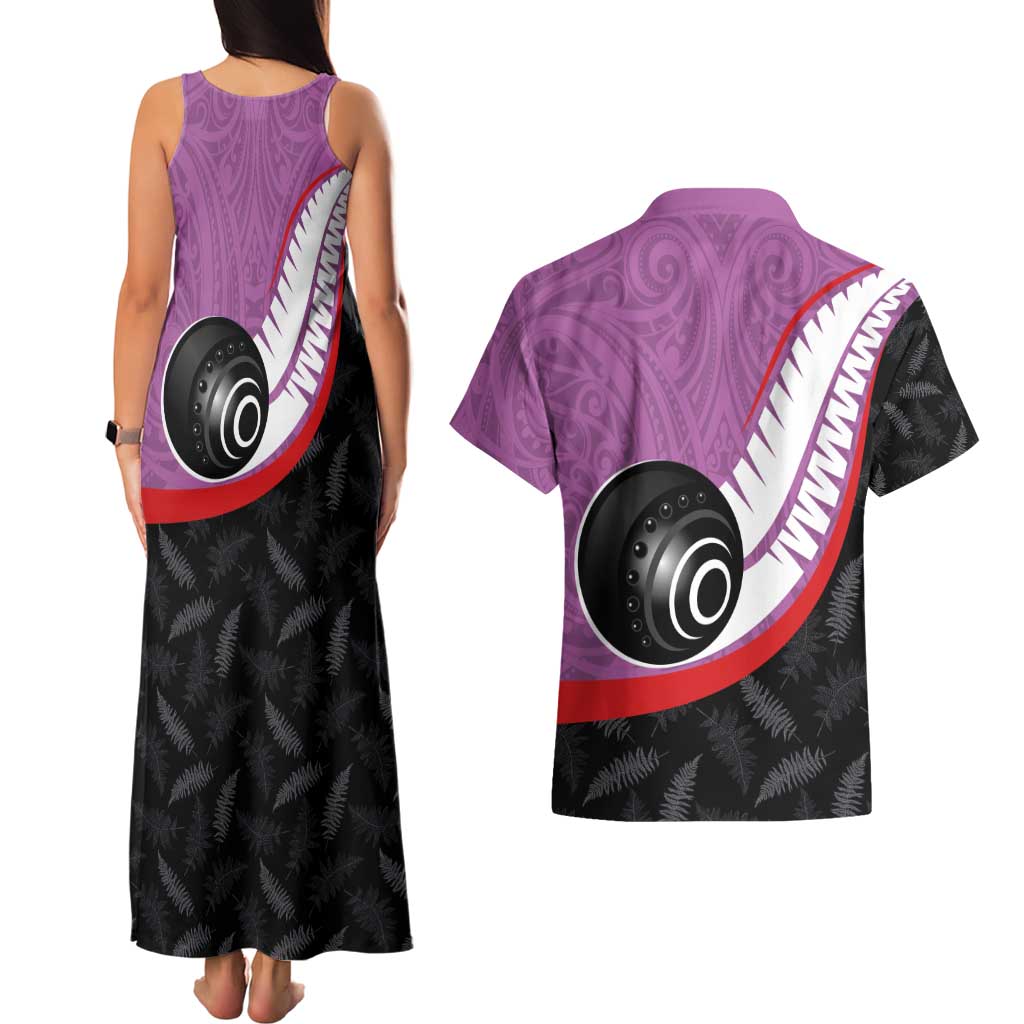 Personalised Aotearoa Lawn Bowls Couples Matching Tank Maxi Dress and Hawaiian Shirt Maori and Silver Fern Sporty Style Pink Color LT03 - Polynesian Pride