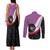 Personalised Aotearoa Lawn Bowls Couples Matching Tank Maxi Dress and Long Sleeve Button Shirt Maori and Silver Fern Sporty Style Pink Color LT03 - Polynesian Pride