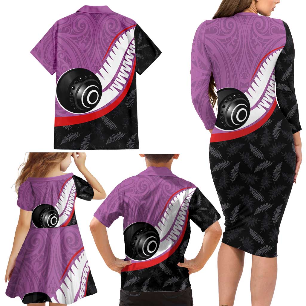 Personalised Aotearoa Lawn Bowls Family Matching Long Sleeve Bodycon Dress and Hawaiian Shirt Maori and Silver Fern Sporty Style Pink Color LT03 - Polynesian Pride