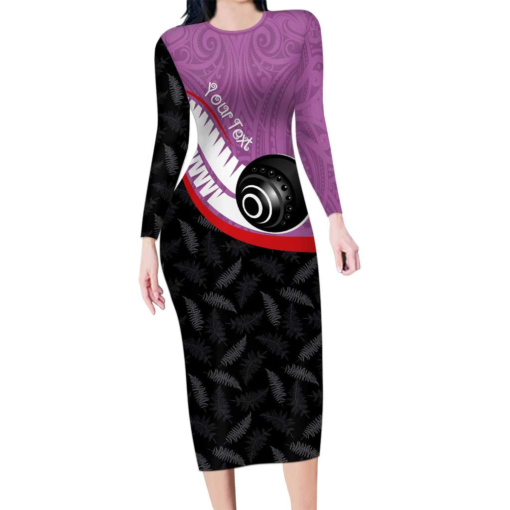 Personalised Aotearoa Lawn Bowls Family Matching Long Sleeve Bodycon Dress and Hawaiian Shirt Maori and Silver Fern Sporty Style Pink Color LT03 Mom's Dress Pink - Polynesian Pride