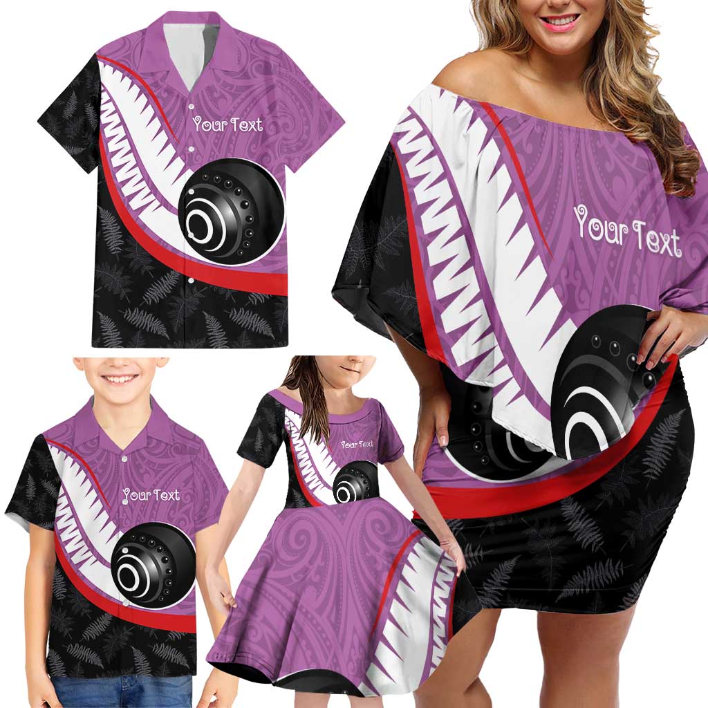 Personalised Aotearoa Lawn Bowls Family Matching Off Shoulder Short Dress and Hawaiian Shirt Maori and Silver Fern Sporty Style Pink Color LT03 - Polynesian Pride