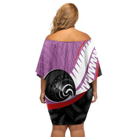 Personalised Aotearoa Lawn Bowls Family Matching Off Shoulder Short Dress and Hawaiian Shirt Maori and Silver Fern Sporty Style Pink Color LT03 - Polynesian Pride
