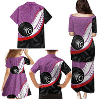 Personalised Aotearoa Lawn Bowls Family Matching Puletasi and Hawaiian Shirt Maori and Silver Fern Sporty Style Pink Color LT03 - Polynesian Pride