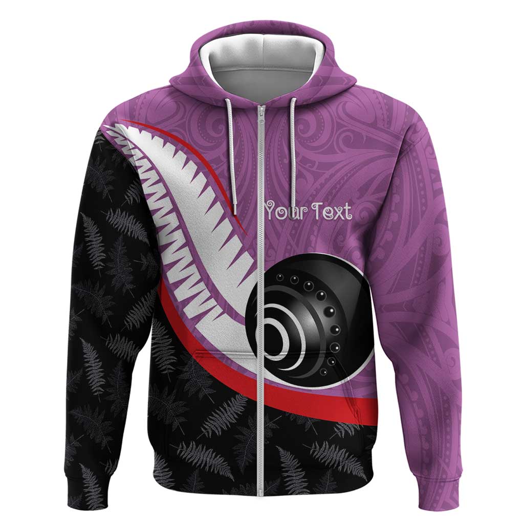 Personalised Aotearoa Lawn Bowls Hoodie Maori and Silver Fern Sporty Style Pink Color LT03 Zip Hoodie Pink - Polynesian Pride