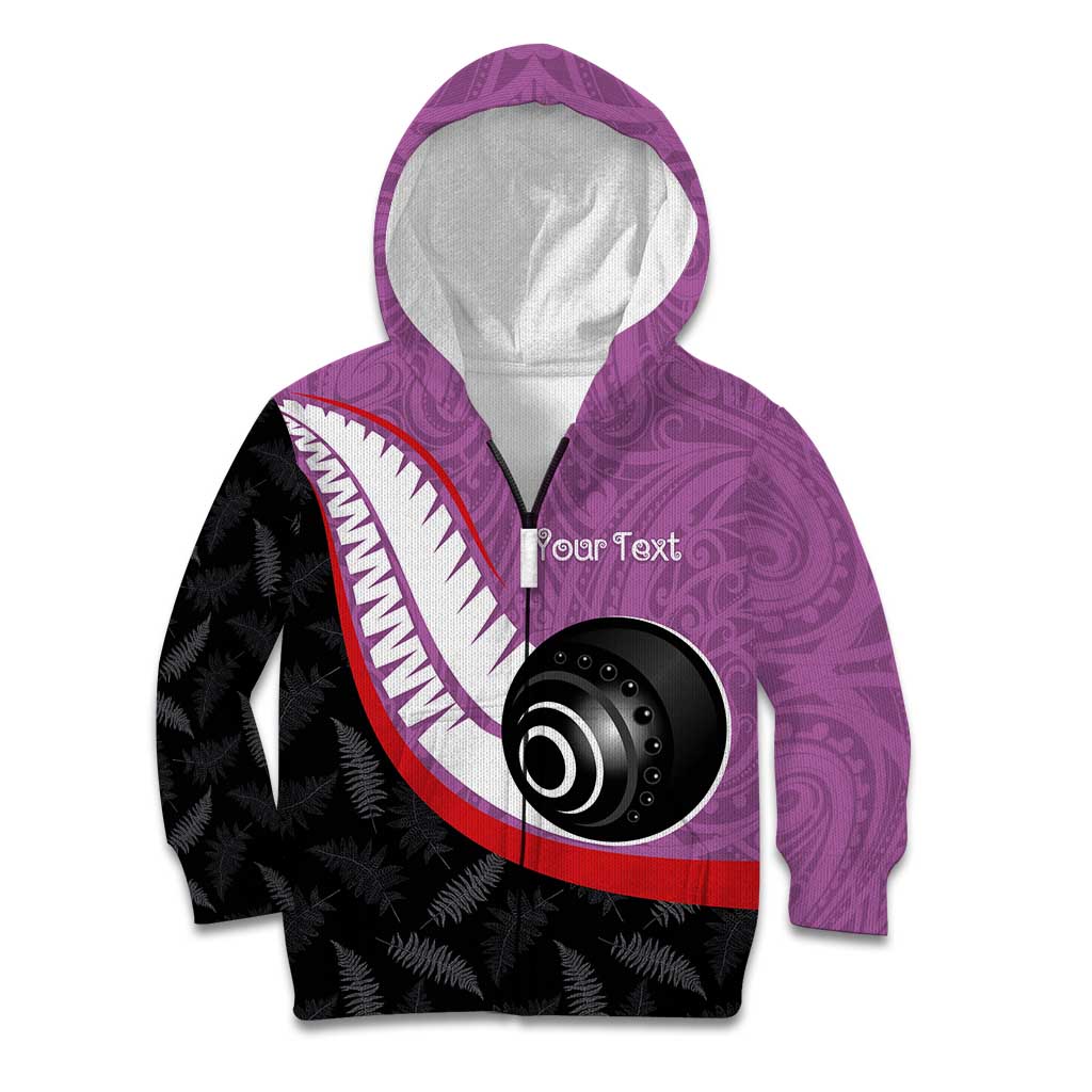 Personalised Aotearoa Lawn Bowls Kid Hoodie Maori and Silver Fern Sporty Style Pink Color LT03 Zip Hoodie Pink - Polynesian Pride
