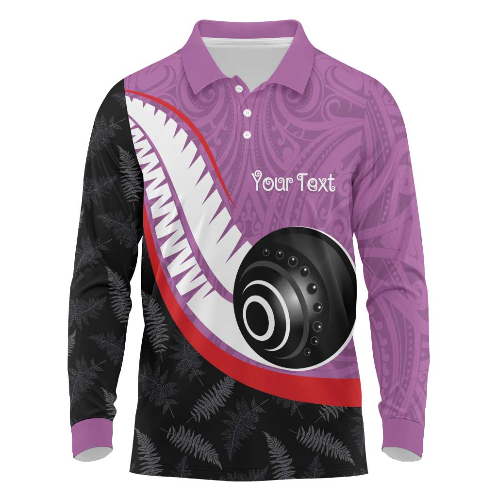 Personalised Aotearoa Lawn Bowls Long Sleeve Polo Shirt Maori and Silver Fern Sporty Style Pink Color LT03 Pink - Polynesian Pride