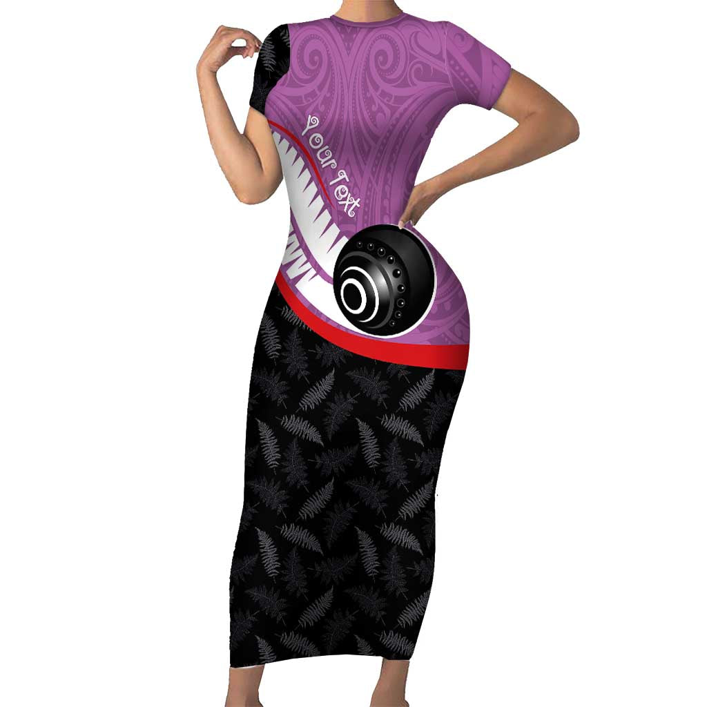 Personalised Aotearoa Lawn Bowls Short Sleeve Bodycon Dress Maori and Silver Fern Sporty Style Pink Color LT03 Long Dress Pink - Polynesian Pride