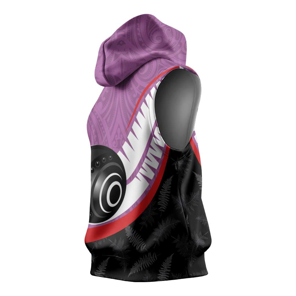 Personalised Aotearoa Lawn Bowls Sleeveless Hoodie Maori and Silver Fern Sporty Style Pink Color LT03 - Polynesian Pride