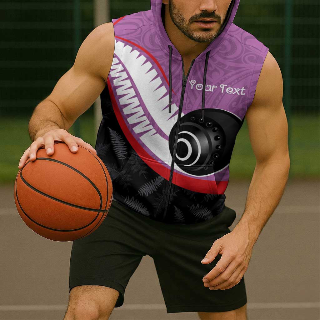 Personalised Aotearoa Lawn Bowls Sleeveless Zip Hoodie Maori and Silver Fern Sporty Style Pink Color LT03 - Polynesian Pride