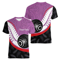 Personalised Aotearoa Lawn Bowls Women V-Neck T-Shirt Maori and Silver Fern Sporty Style Pink Color LT03 - Polynesian Pride