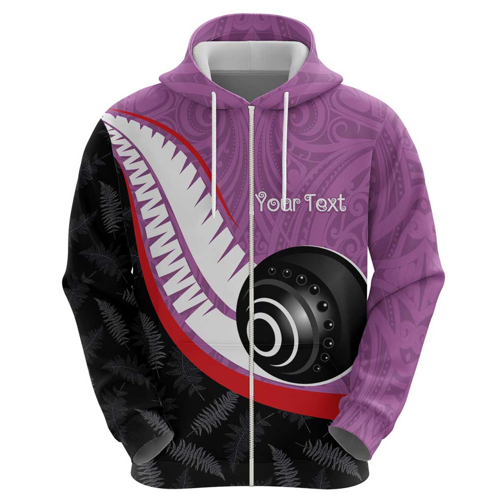 Personalised Aotearoa Lawn Bowls Zip Hoodie Maori and Silver Fern Sporty Style Pink Color LT03 - Polynesian Pride
