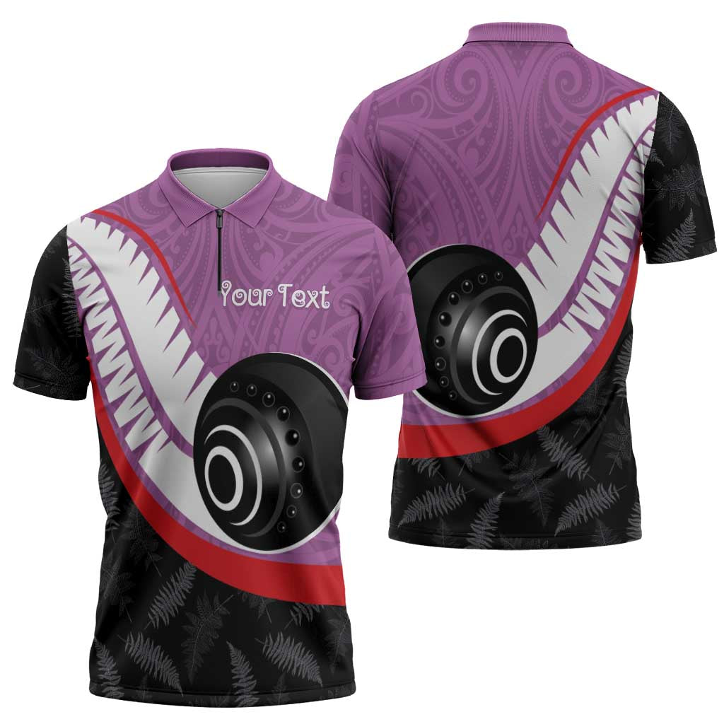 Personalised Aotearoa Lawn Bowls Zipper Polo Shirt Maori and Silver Fern Sporty Style Pink Color LT03 - Polynesian Pride