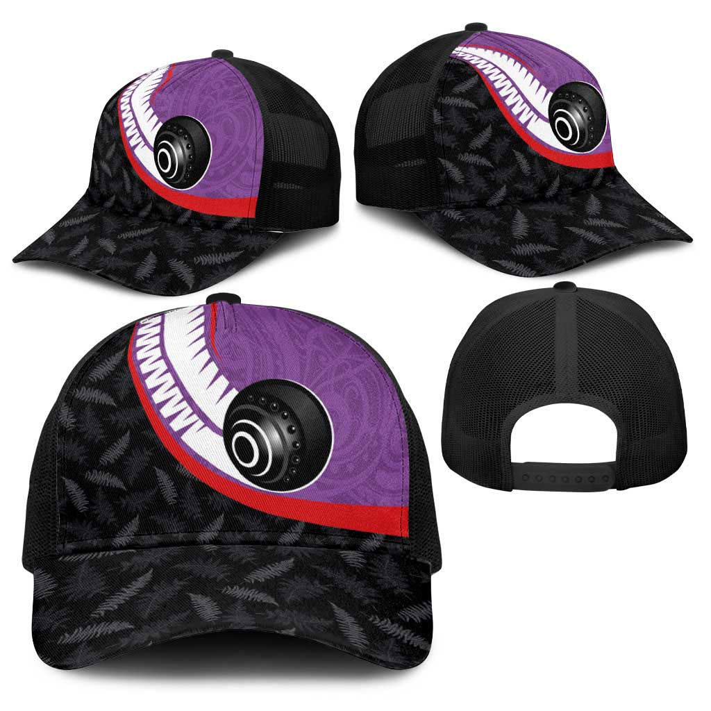 Aotearoa Lawn Bowls Baseball Net Cap Maori and Silver Fern Sporty Style Purple Color - Polynesian Pride