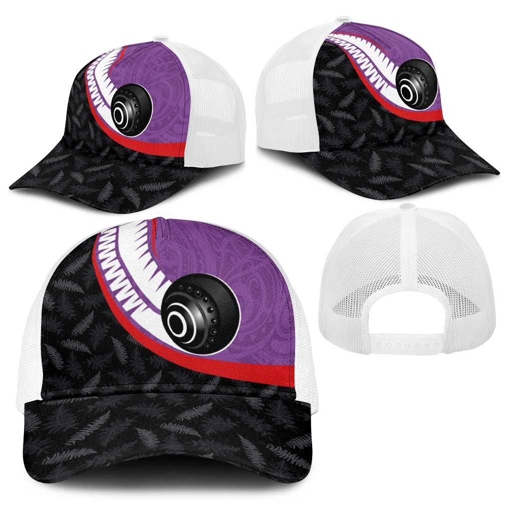 Aotearoa Lawn Bowls Baseball Net Cap Maori and Silver Fern Sporty Style Purple Color - Polynesian Pride