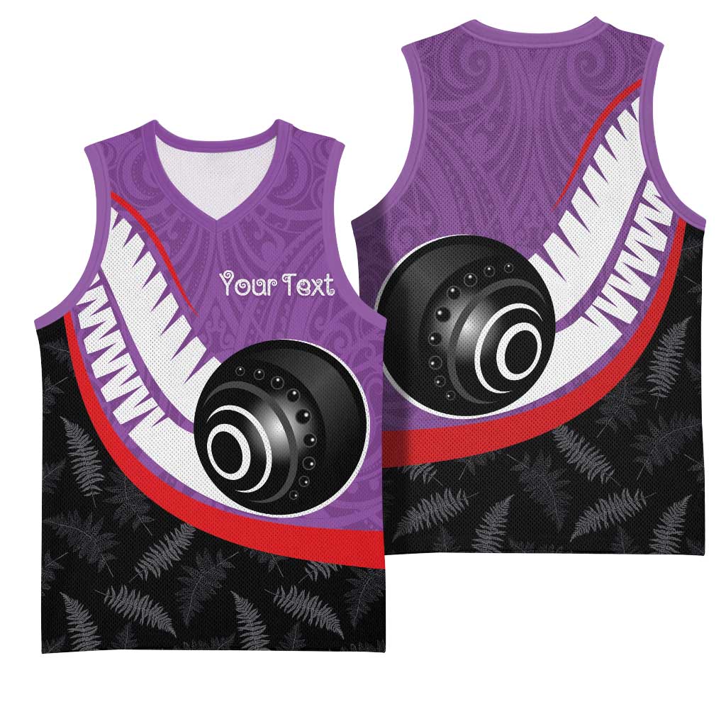 Personalised Aotearoa Lawn Bowls Basketball Jersey Maori and Silver Fern Sporty Style Purple Color LT03 - Polynesian Pride