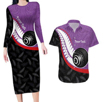 Personalised Aotearoa Lawn Bowls Couples Matching Long Sleeve Bodycon Dress and Hawaiian Shirt Maori and Silver Fern Sporty Style Purple Color LT03 Purple - Polynesian Pride