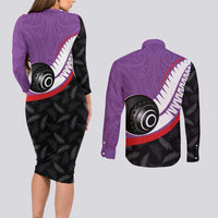 Personalised Aotearoa Lawn Bowls Couples Matching Long Sleeve Bodycon Dress and Long Sleeve Button Shirt Maori and Silver Fern Sporty Style Purple Color LT03 - Polynesian Pride