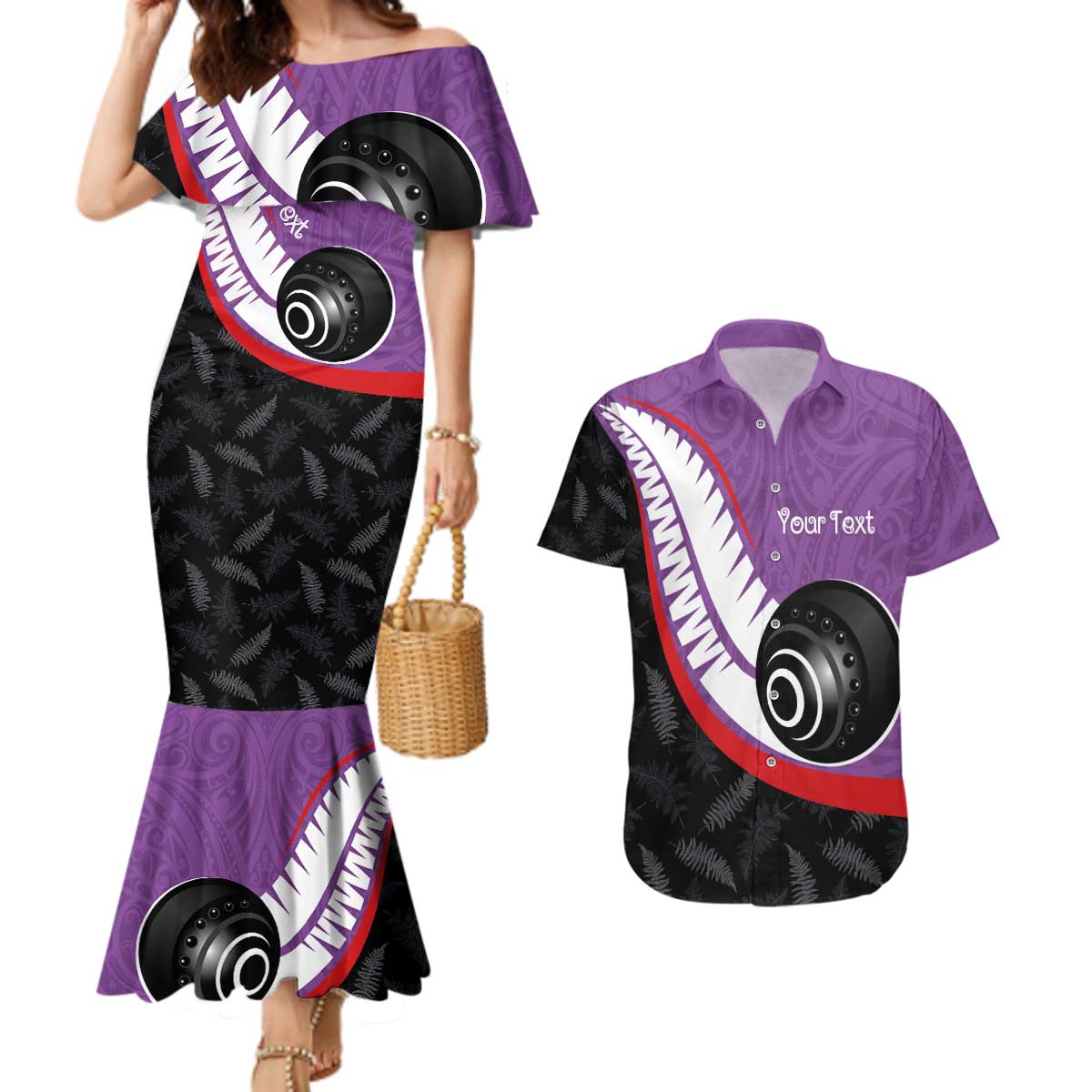 Personalised Aotearoa Lawn Bowls Couples Matching Mermaid Dress and Hawaiian Shirt Maori and Silver Fern Sporty Style Purple Color - Polynesian Pride