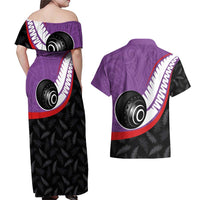 Personalised Aotearoa Lawn Bowls Couples Matching Off Shoulder Maxi Dress and Hawaiian Shirt Maori and Silver Fern Sporty Style Purple Color LT03 - Polynesian Pride