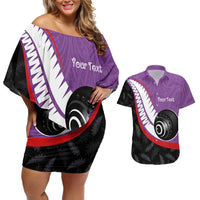 Personalised Aotearoa Lawn Bowls Couples Matching Off Shoulder Short Dress and Hawaiian Shirt Maori and Silver Fern Sporty Style Purple Color LT03 Purple - Polynesian Pride