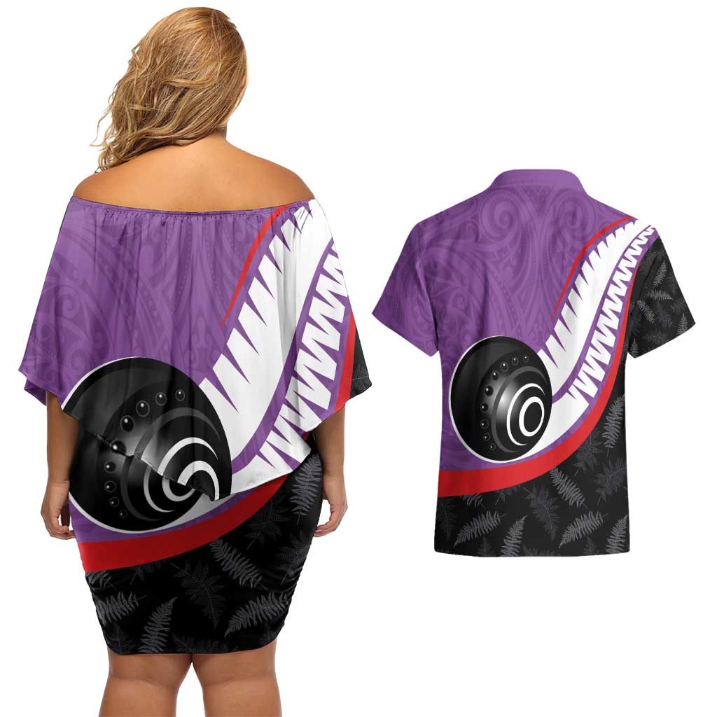 Personalised Aotearoa Lawn Bowls Couples Matching Off Shoulder Short Dress and Hawaiian Shirt Maori and Silver Fern Sporty Style Purple Color LT03 - Polynesian Pride