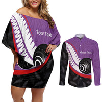Personalised Aotearoa Lawn Bowls Couples Matching Off Shoulder Short Dress and Long Sleeve Button Shirt Maori and Silver Fern Sporty Style Purple Color LT03 Purple - Polynesian Pride