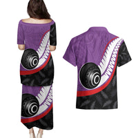 Personalised Aotearoa Lawn Bowls Couples Matching Puletasi and Hawaiian Shirt Maori and Silver Fern Sporty Style Purple Color LT03 - Polynesian Pride