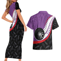 Personalised Aotearoa Lawn Bowls Couples Matching Short Sleeve Bodycon Dress and Hawaiian Shirt Maori and Silver Fern Sporty Style Purple Color LT03 - Polynesian Pride